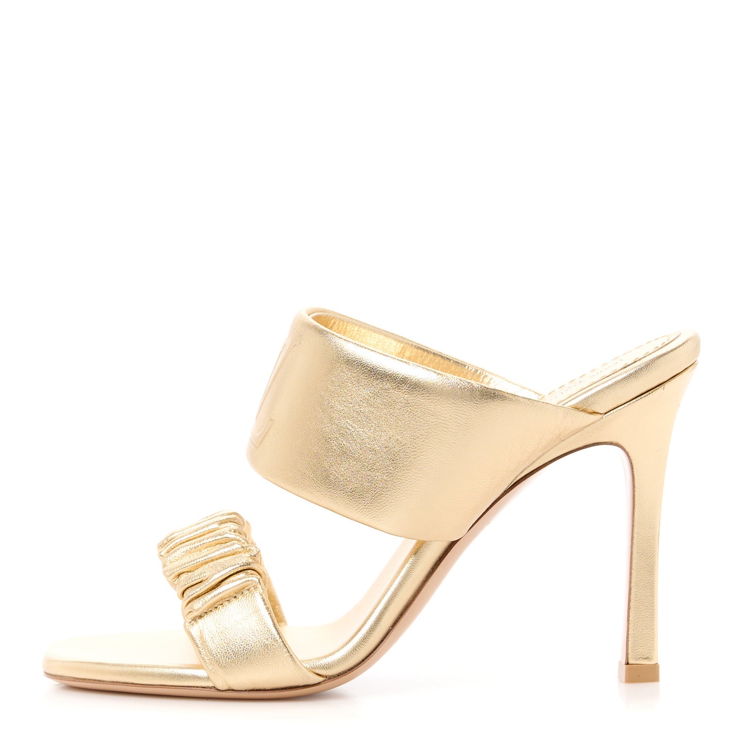 Metallic Lambskin Drapy Heel Mules 39 Gold