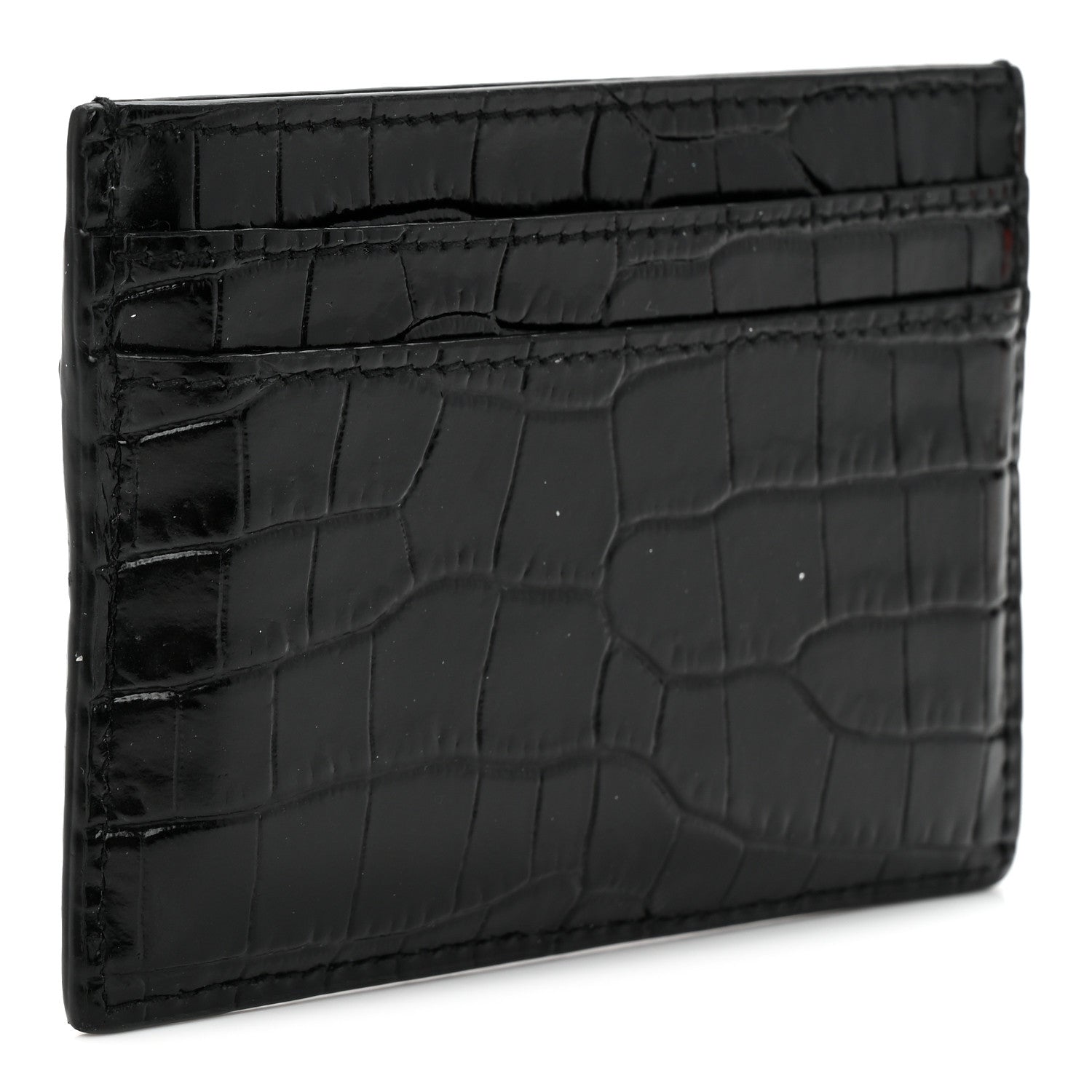Saint Laurent Calfskin Crocodile Embossed Monogram Credit Card Case Black 3 of 7