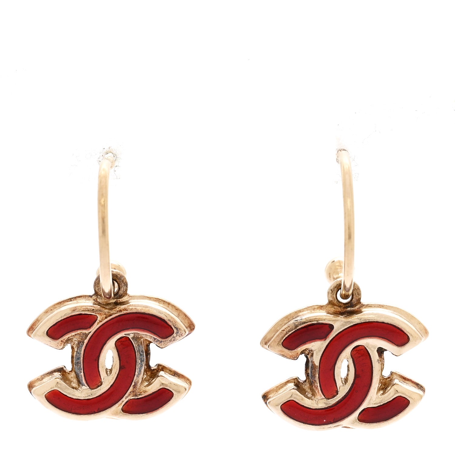 Chanel Enamel CC Drop Earrings Gold Red 1 of 4