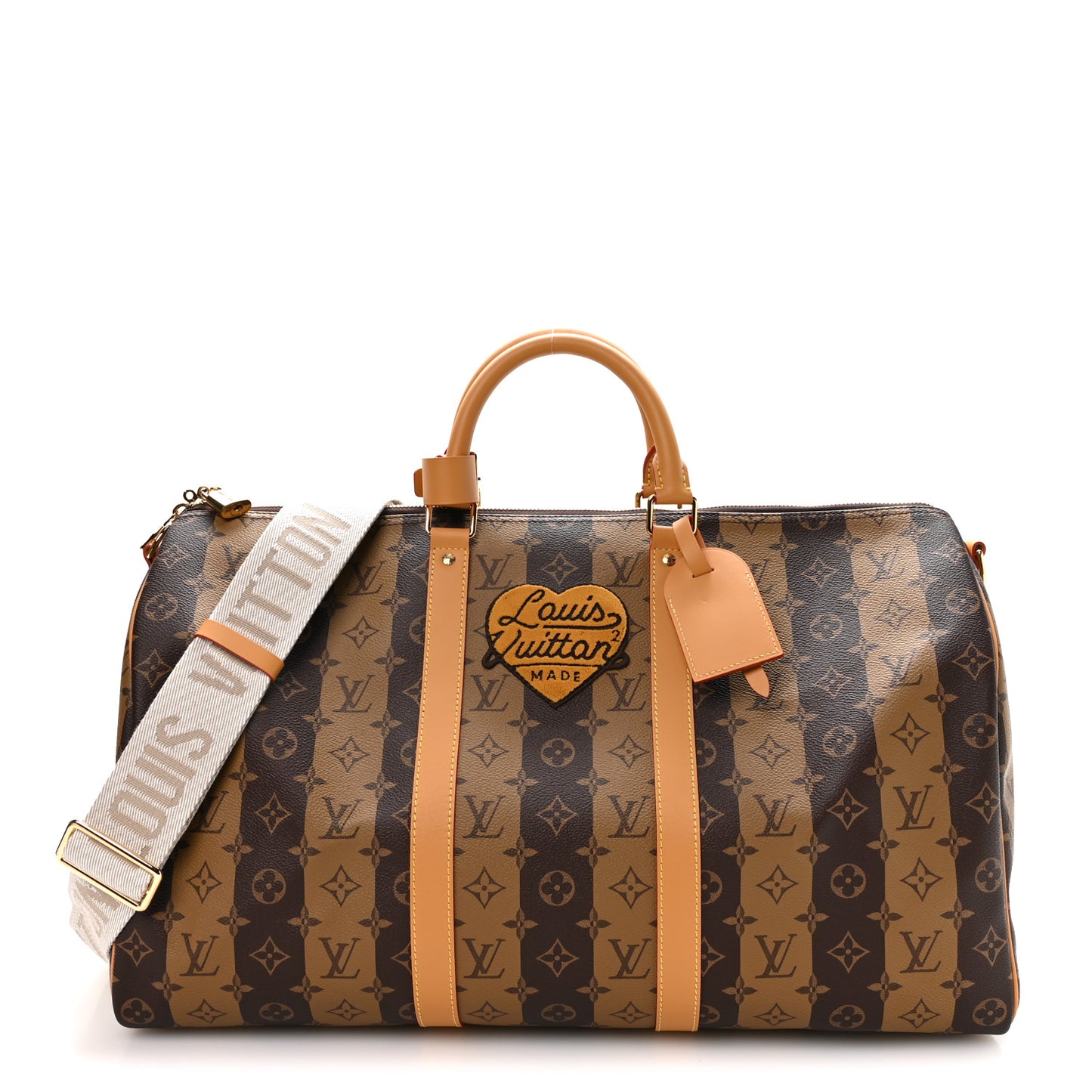 X NIGO Reverse Monogram Stripe Keepall Bandouliere 50 Brown