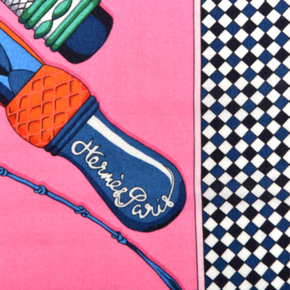 Hermes Silk Cashmere Fouets Et Badines Bandana Shawl 140 Rose Vif Bleu Rouge 2 of 4