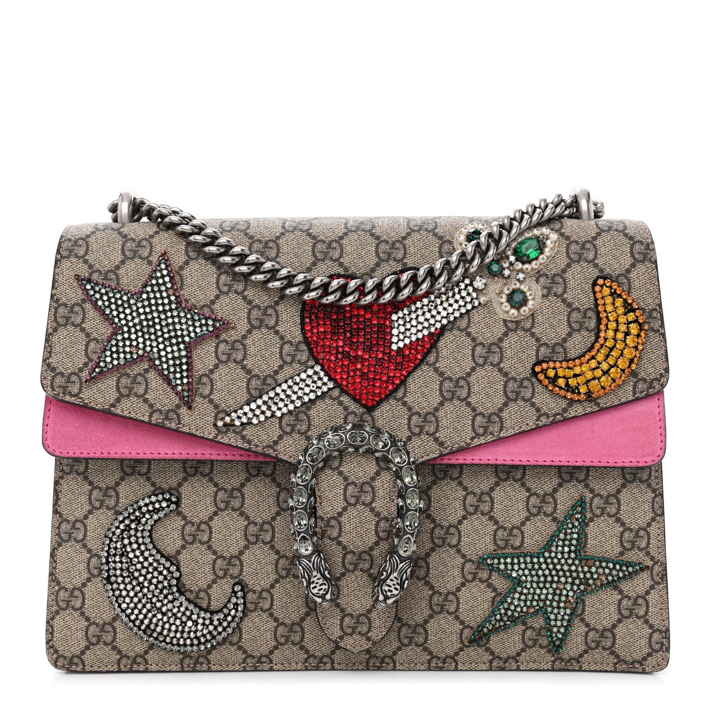 GG Supreme Monogram Suede Pierced Heart Embroidered Medium Dionysus Shoulder Bag Beige Ebony Pink Tropical Flower
