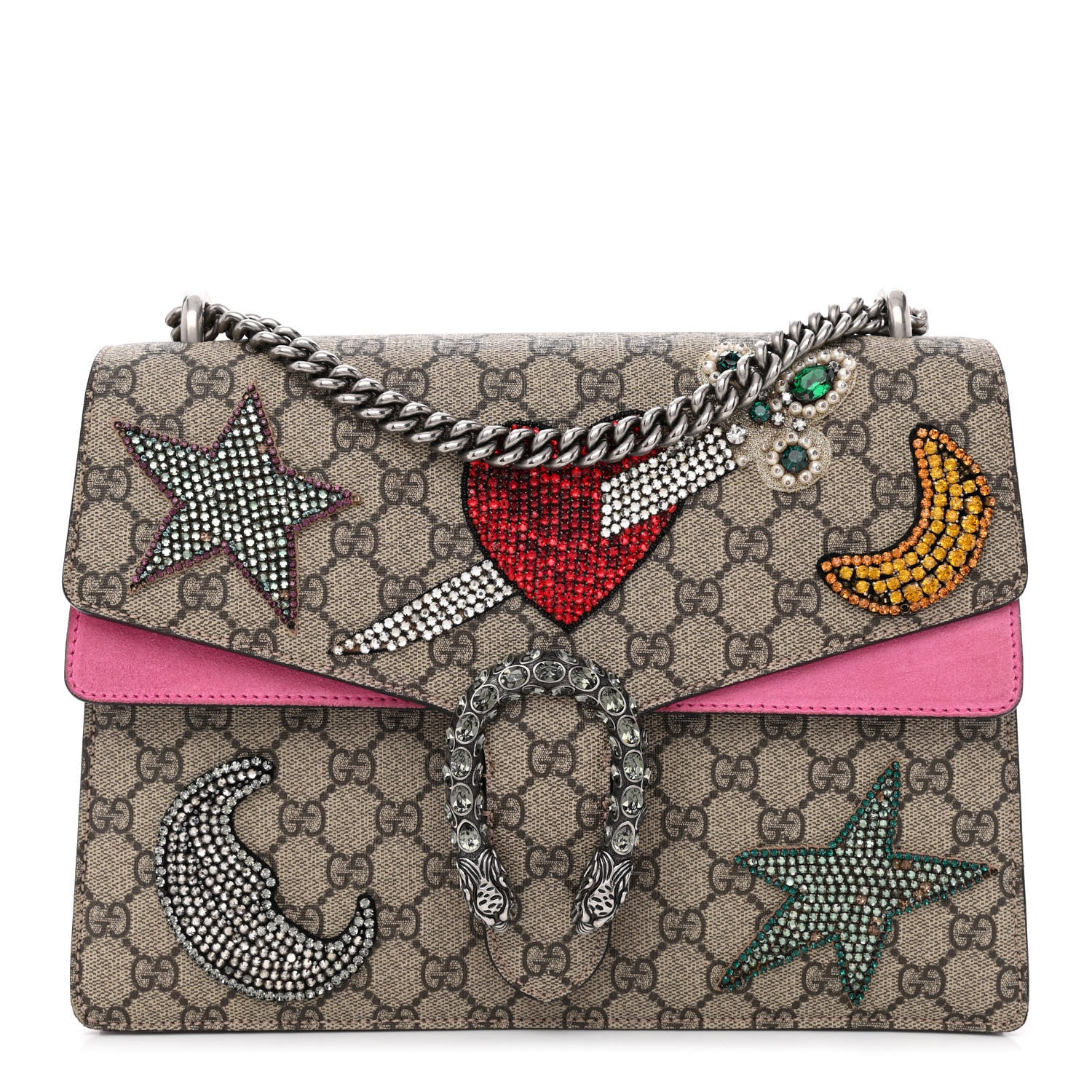 Gucci GG Supreme Monogram Suede Pierced Heart Embroidered Medium Dionysus Shoulder Bag Beige Ebony Pink Tropical Flower 1 of 16