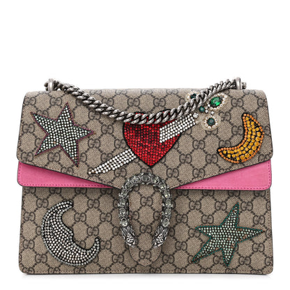 Gucci GG Supreme Monogram Suede Pierced Heart Embroidered Medium Dionysus Shoulder Bag Beige Ebony Pink Tropical Flower 1 of 16