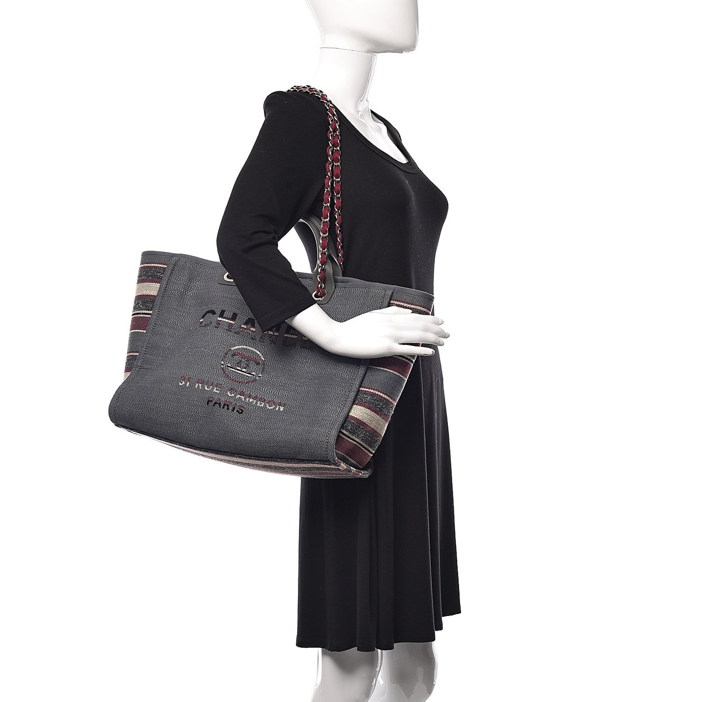 Striped Canvas Medium Deauville Tote Grey