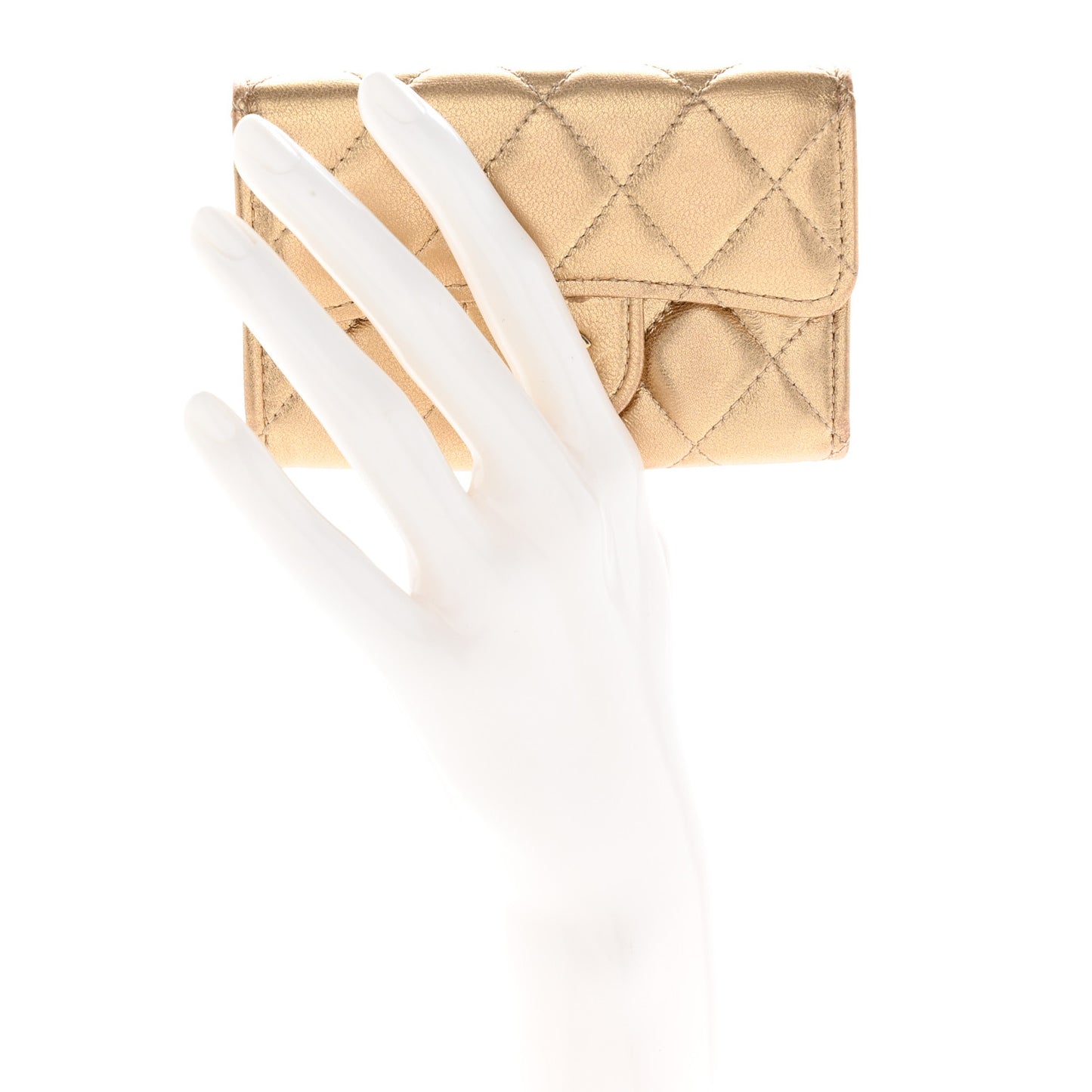 Metallic Lambskin Quilted Flap Card Holder Wallet Gold
