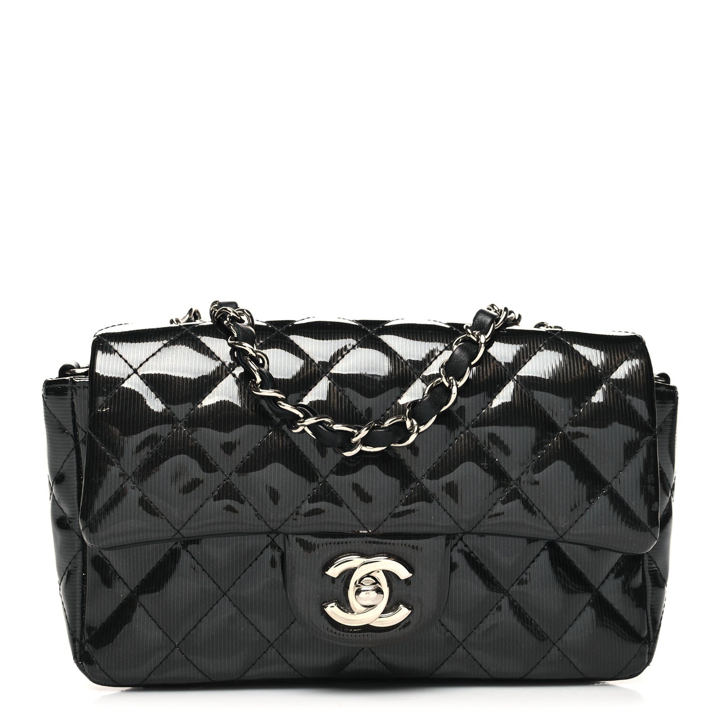Striated Patent Quilted Mini Rectangular Flap Black