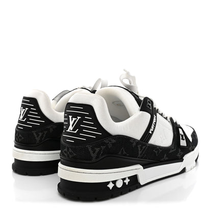 Louis Vuitton Calfskin Embossed Monogram Denim Mens LV Trainer Sneakers 10 Black 5 of 11