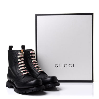 Gucci Grained Calfskin Mens Brogue Wingtip Lug Sole Boots 9.5 Black 9 of 9