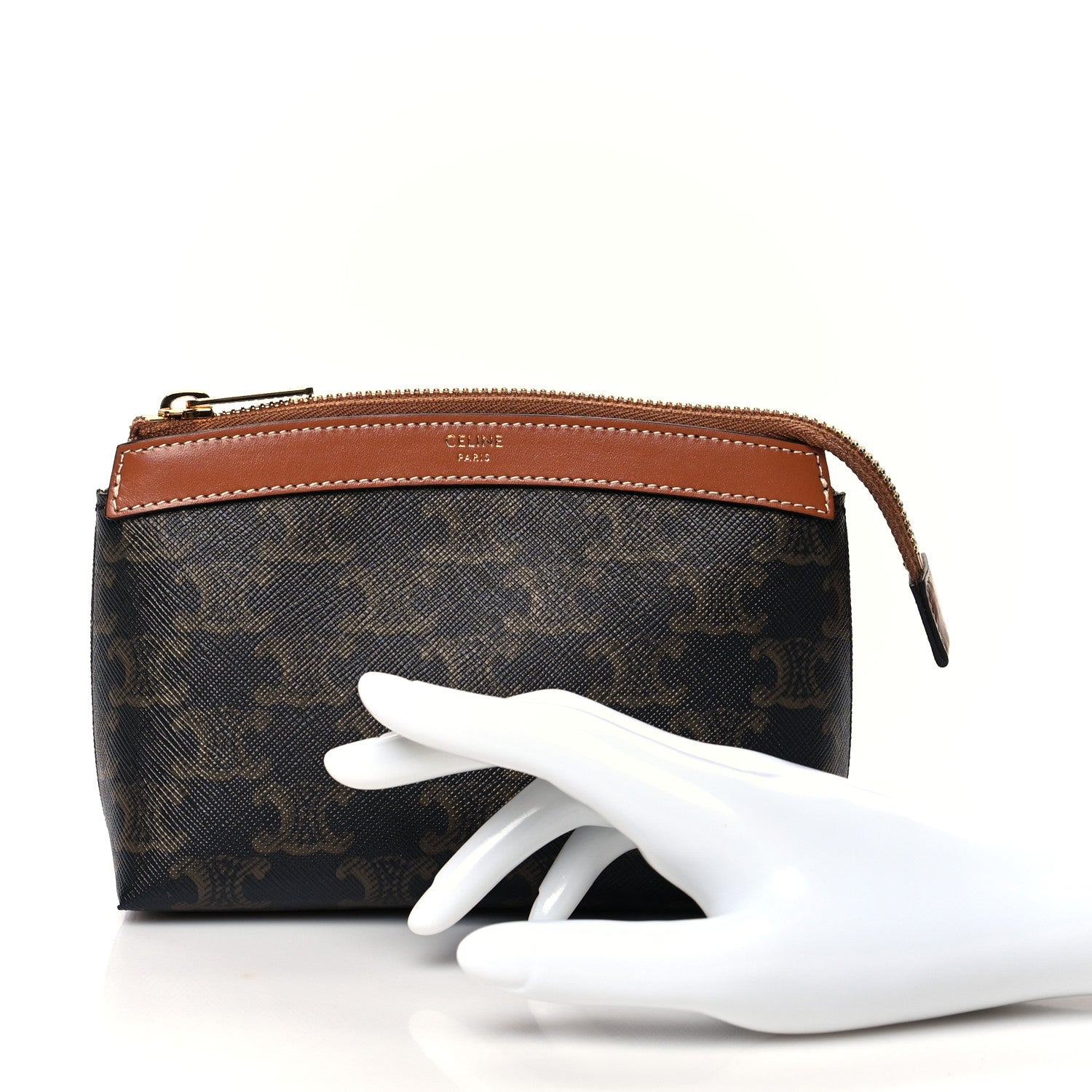 Celine Triomphe Canvas Calfskin Small Zipped Pouch Tan 2 of 9