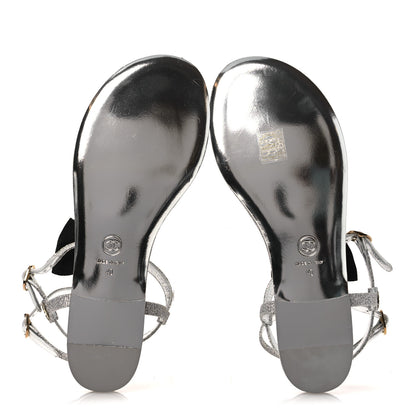 Chanel Fabric Grosgrain Pearl Crystal Thong Sandals 40 Silver Black 7 of 11