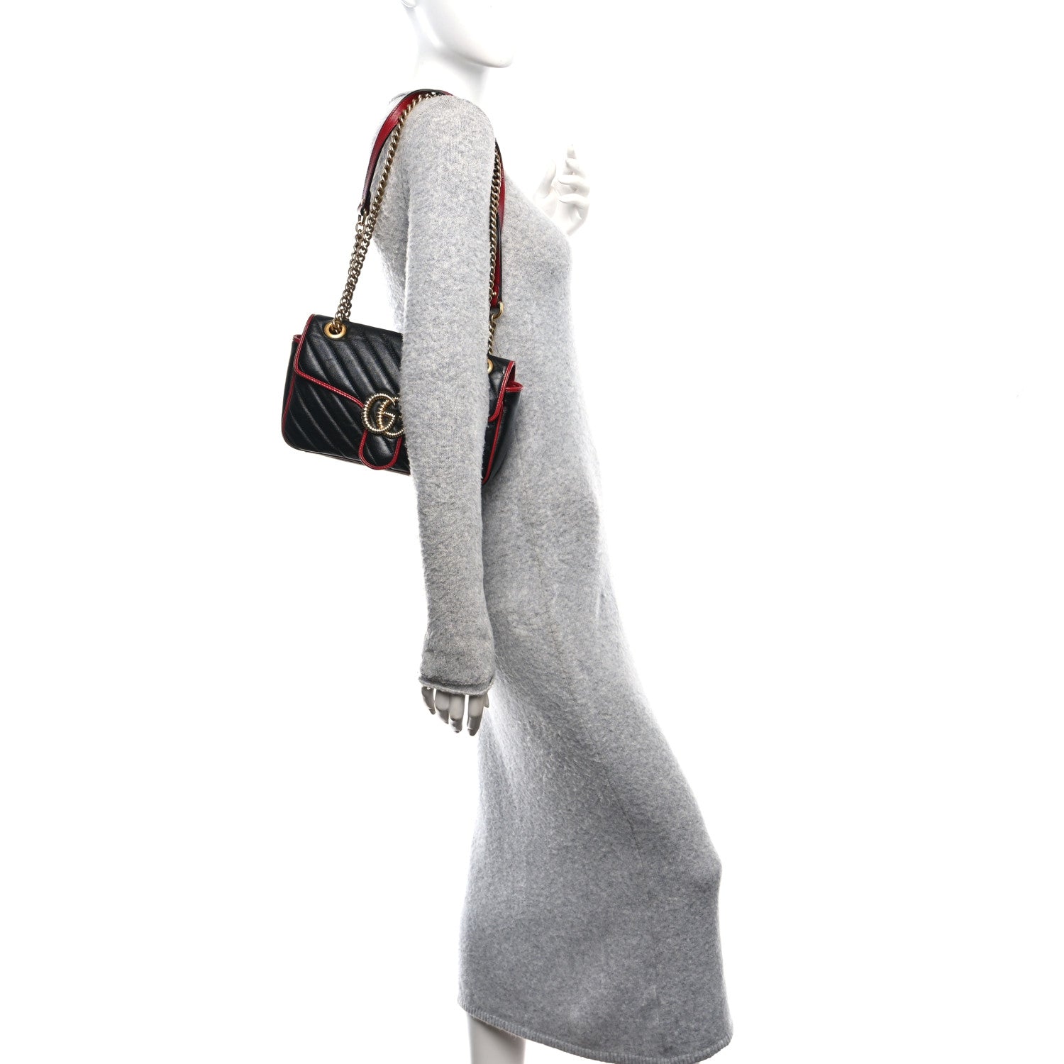 Gucci Vintage Effect Calfskin Matelasse Diagonal Small Torchon GG Marmont Shoulder Bag Black Romantic Cherry 2 of 11
