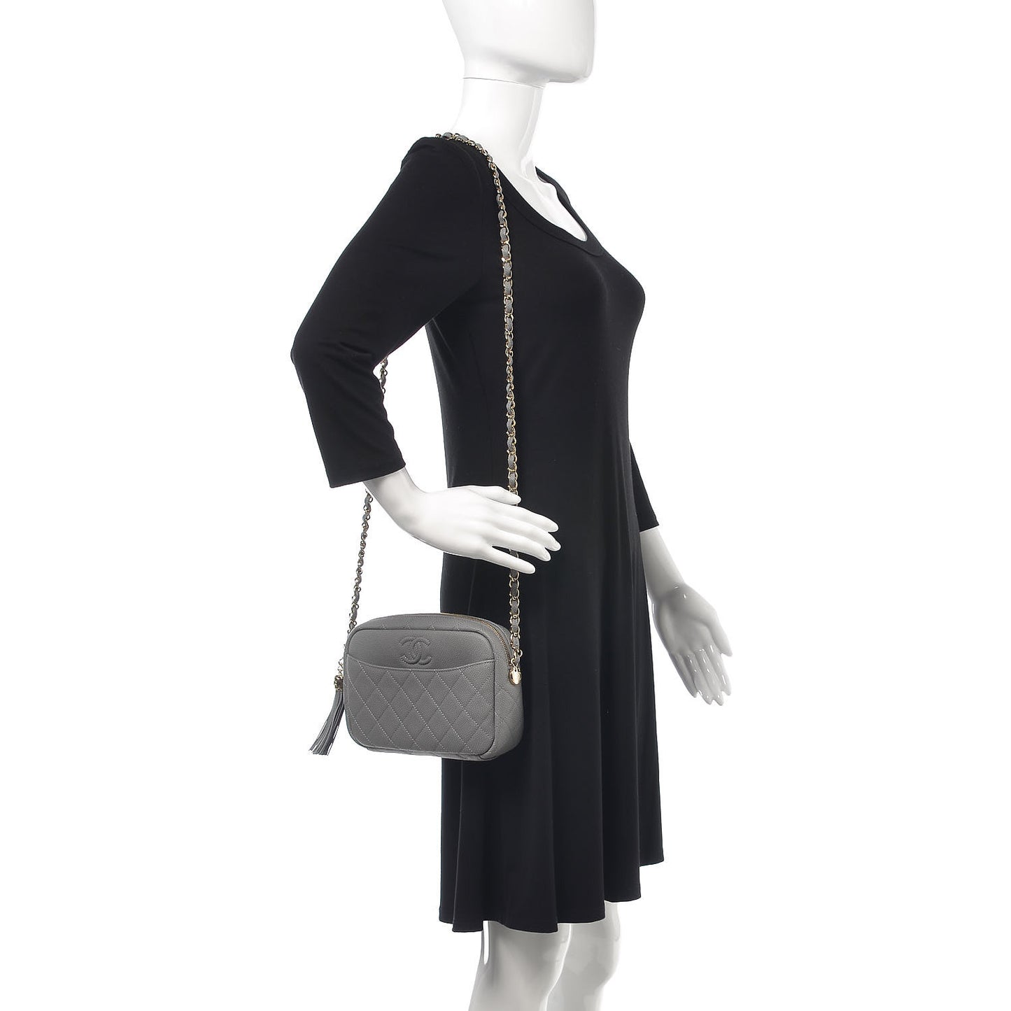 Caviar Quilted Coco Tassel Small Camera Case Grey