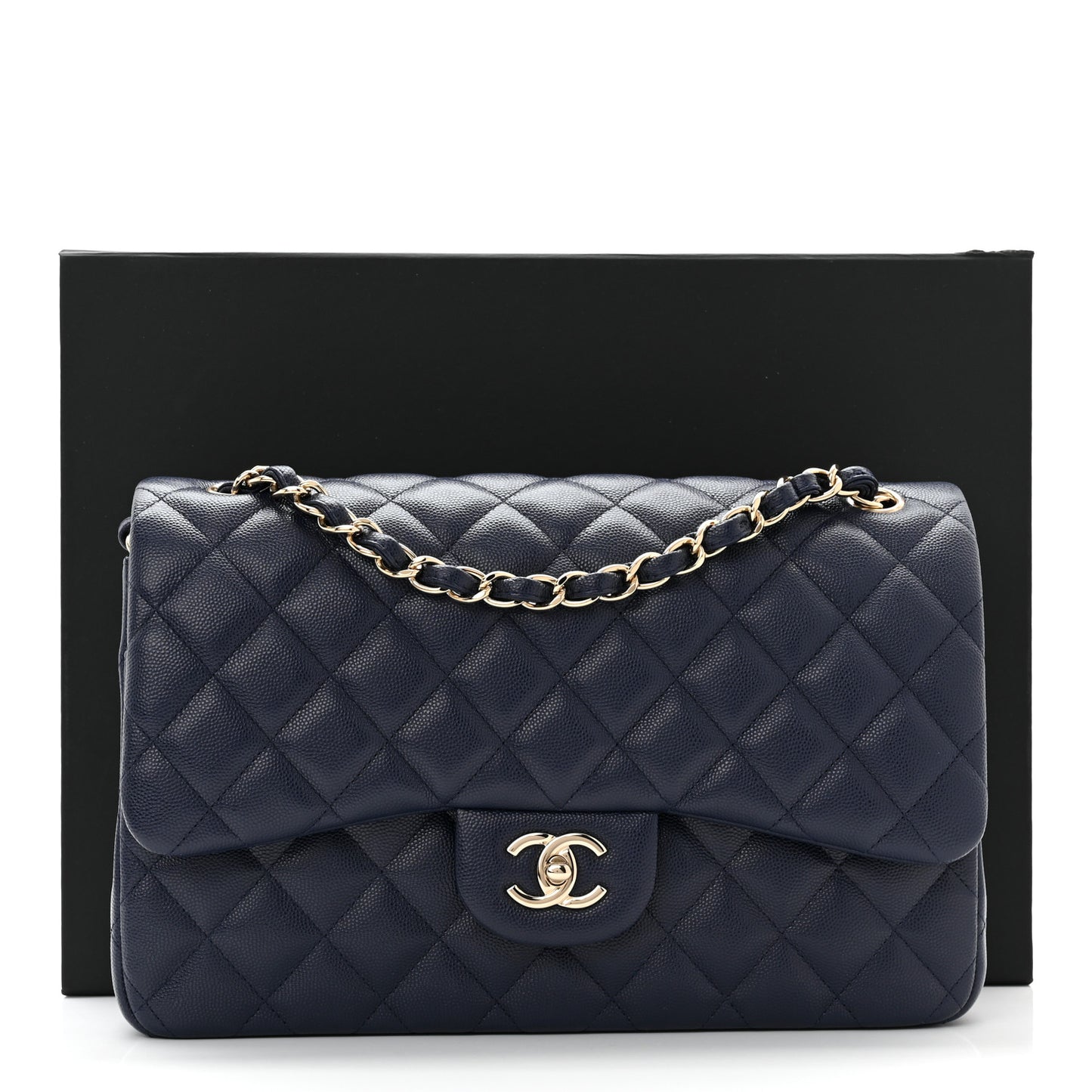 Caviar Quilted Jumbo Double Flap Navy Blue