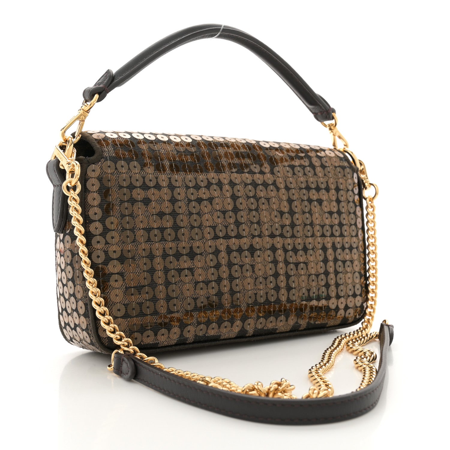 Fendi Fabric Jacquard Paillettes Vitello Seta FF 1974 Mini Baguette Testa di Moro Real Ebano 3 of 11