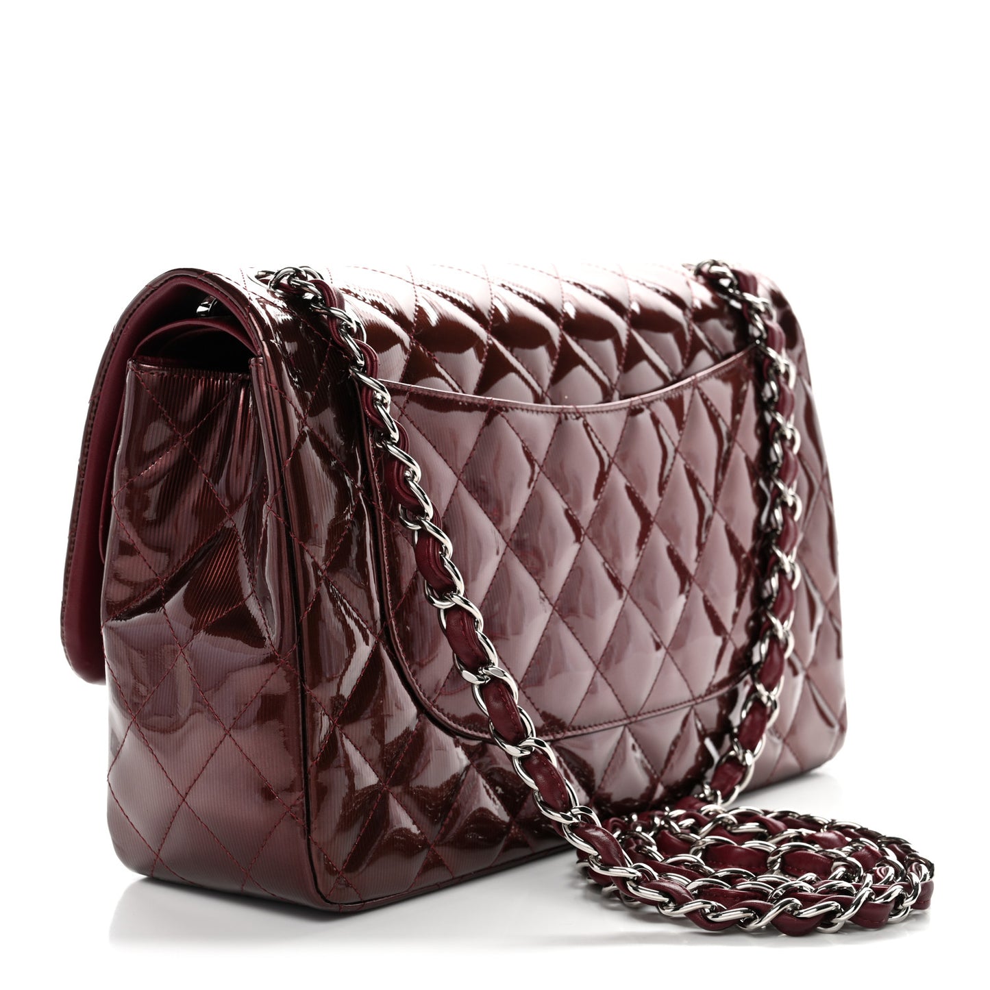 Striated Patent Quilted Jumbo Double Flap Burgundy