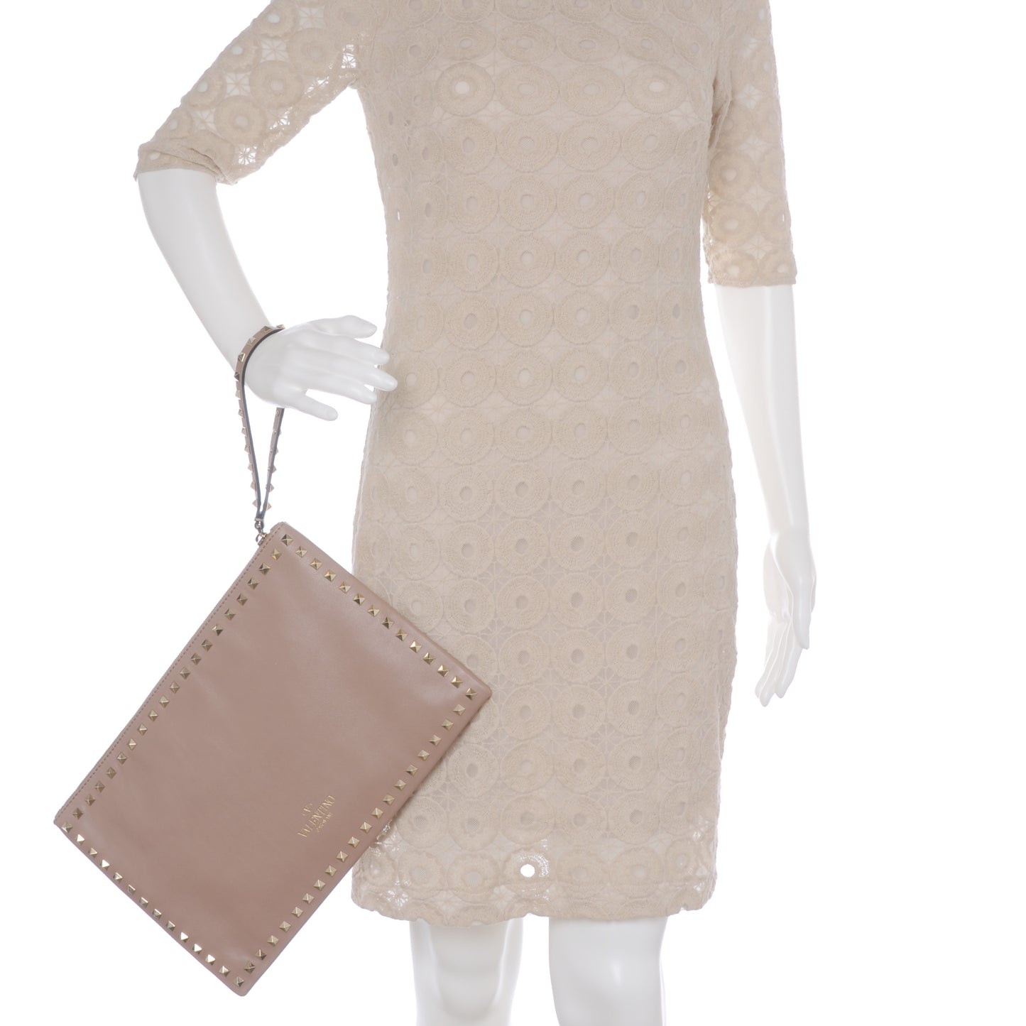 Vitello Large Rockstud Zip Wristlet Pouch Poudre