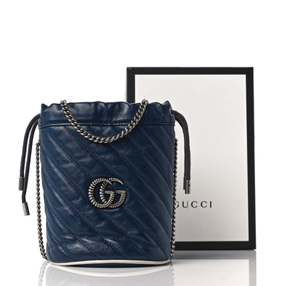 Gucci Vintage Effect Calfskin Matelasse Diagonal Mini Torchon GG Marmont 2.0 Bucket Bag Blue Agata Mystic White 9 of 9