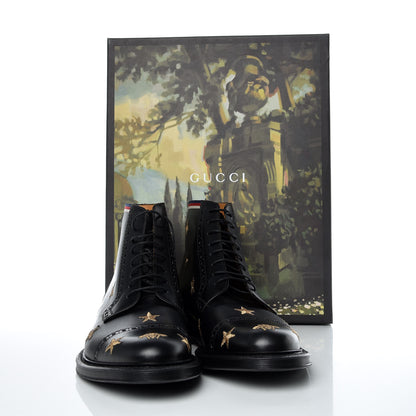 Gucci Calfskin Sylvie Web Bee Star Embroidered Mens Brogue Captoe Boots 7.5 Black 8 of 8