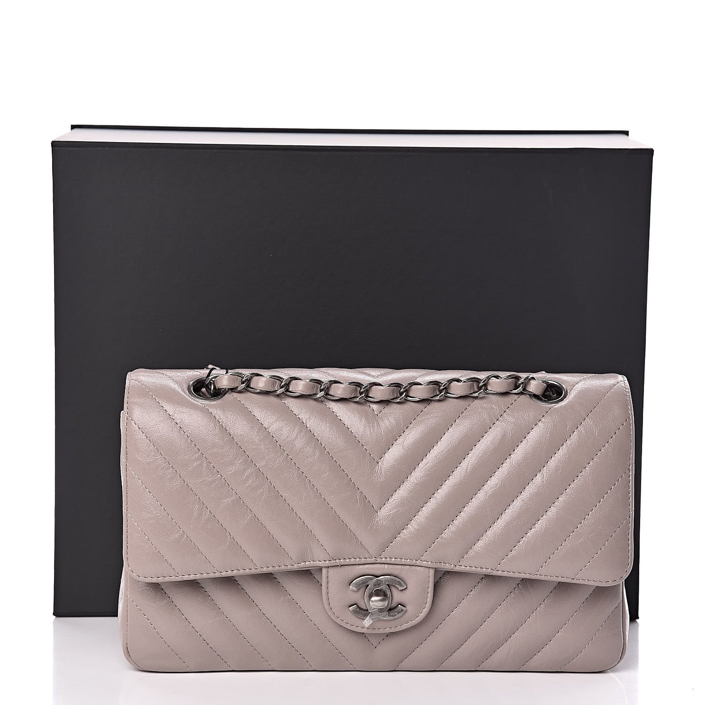 Iridescent Calfskin Chevron Quilted Medium Double Flap Grey