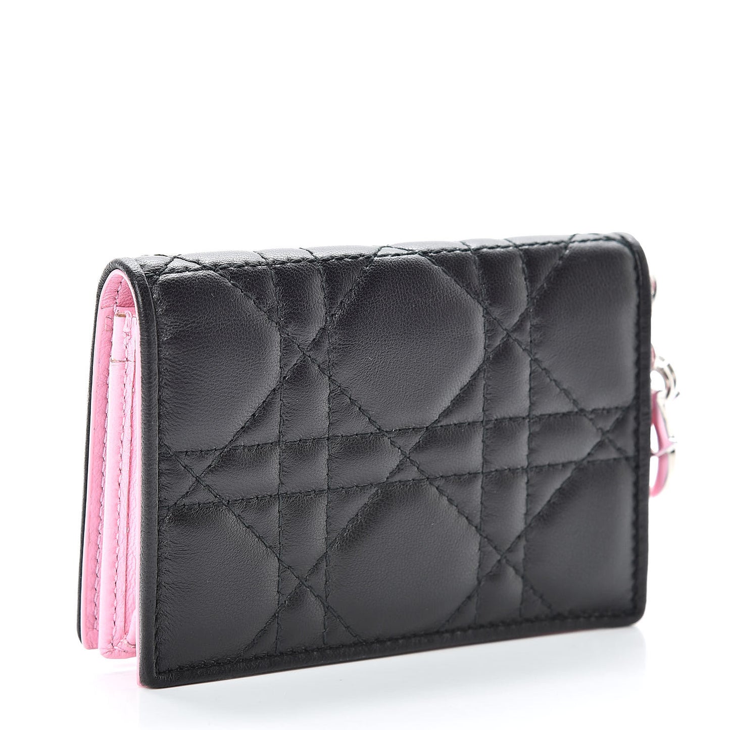 Lambskin Cannage Bi-Color Small Lady Dior Flap Card Holder Black Pink
