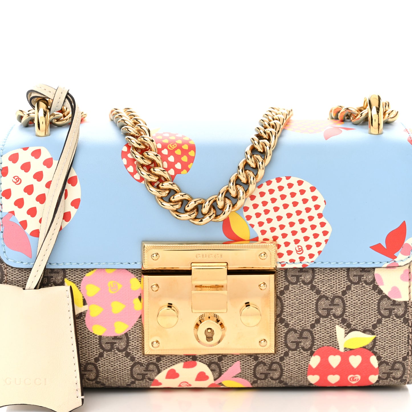 GG Supreme Monogram Les Pommes Small Padlock Shoulder Bag Beige Ebony Multicolor Abstract Blue