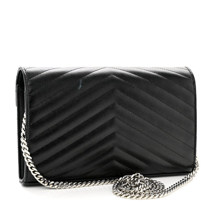 Saint Laurent Grain De Poudre Matelasse Chevron Monogram Chain Wallet Black 3 of 10