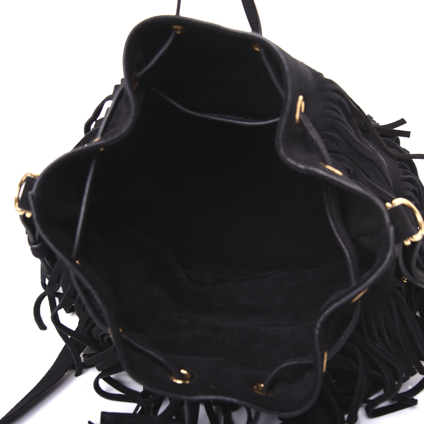 Suede Calfskin Medium Emmanuelle Fringe Bucket Bag Black
