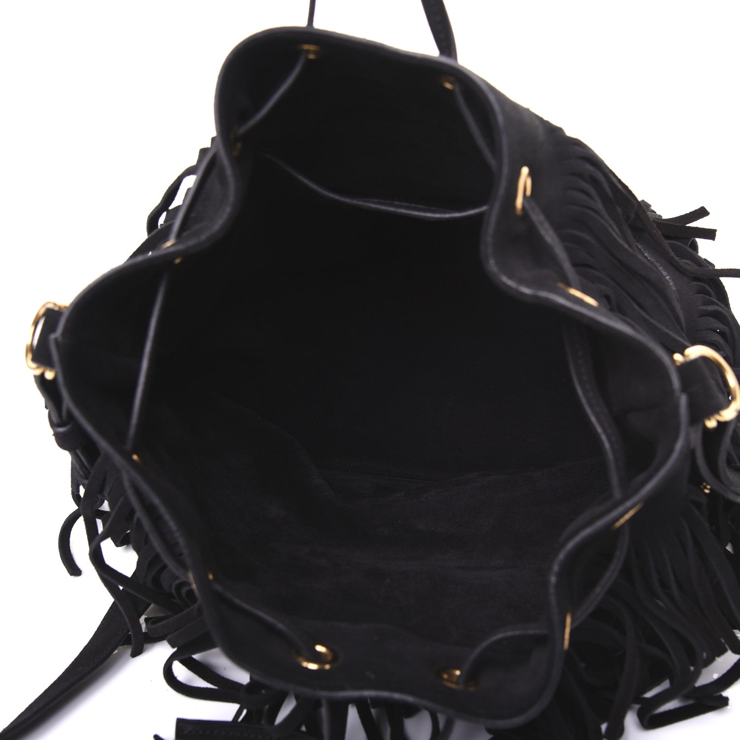 Saint Laurent Suede Calfskin Medium Emmanuelle Fringe Bucket Bag Black 6 of 14