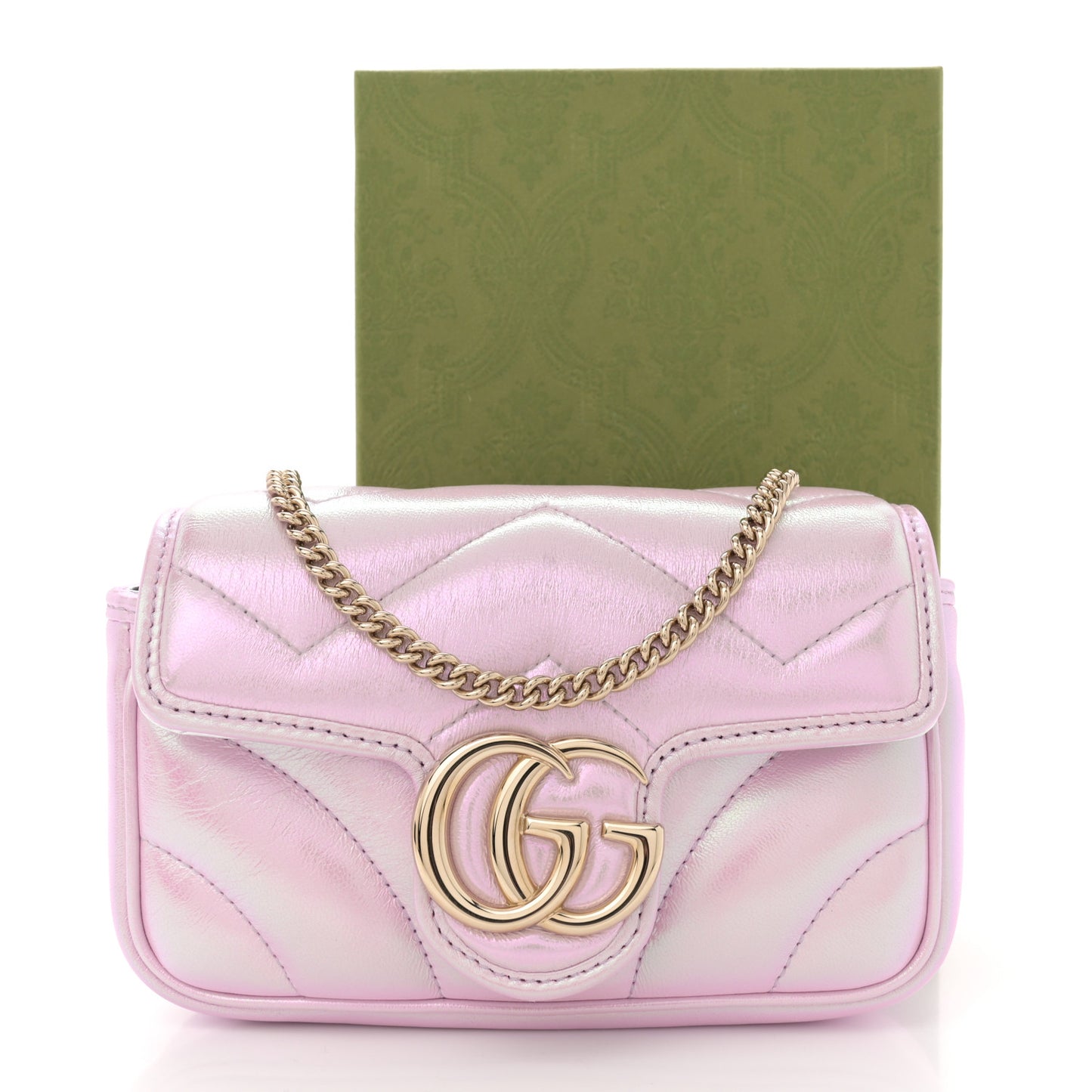 Iridescent Nappa Chevron Matelasse Super Mini GG Marmont Shoulder Bag Iridescent Escape Pink