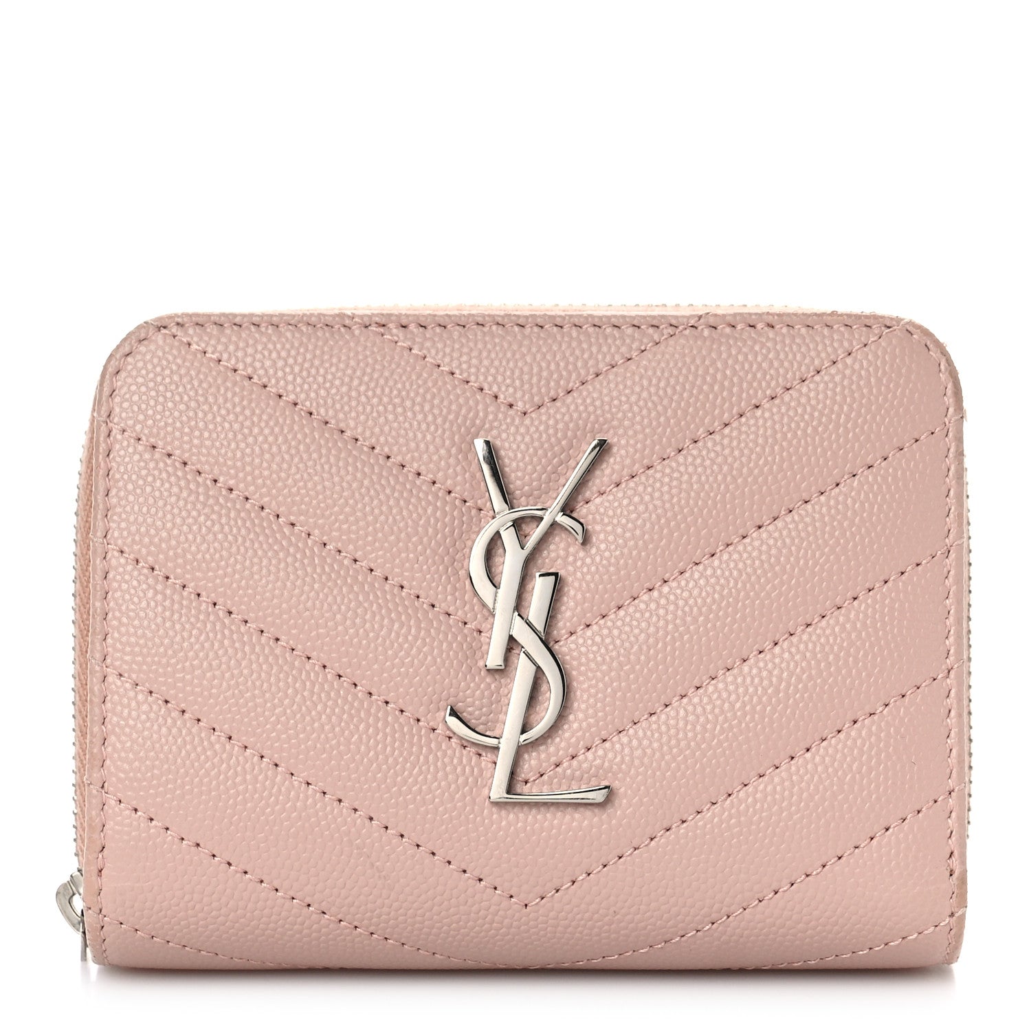 Saint Laurent Grain De Poudre Matelasse Chevron Monogram Compact Zip Around Wallet Pink 1 of 10