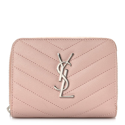 Saint Laurent Grain De Poudre Matelasse Chevron Monogram Compact Zip Around Wallet Pink 1 of 10