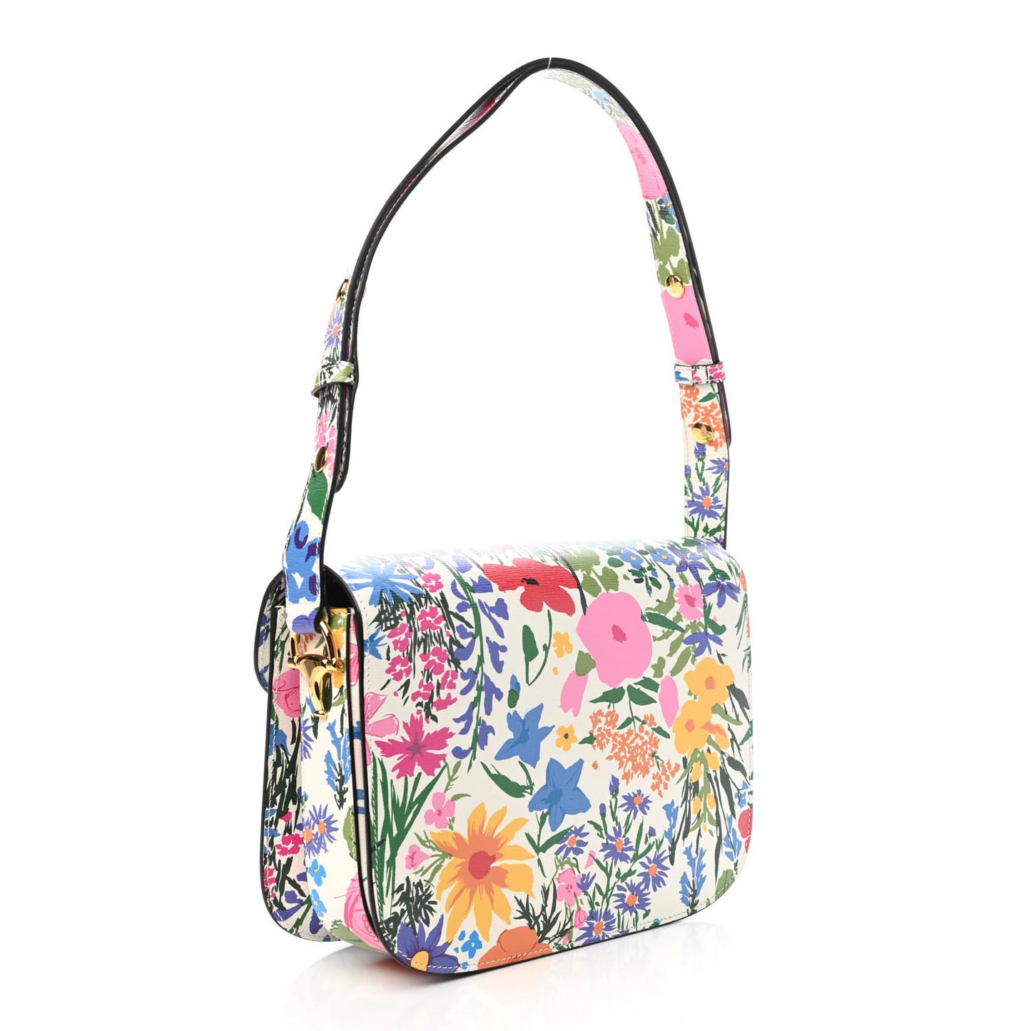 X KEN SCOTT New Shangai Calfskin Jardin D'Avril Floral Print Horsebit 1955 Shoulder Bag Ivory Pink Wild Rose