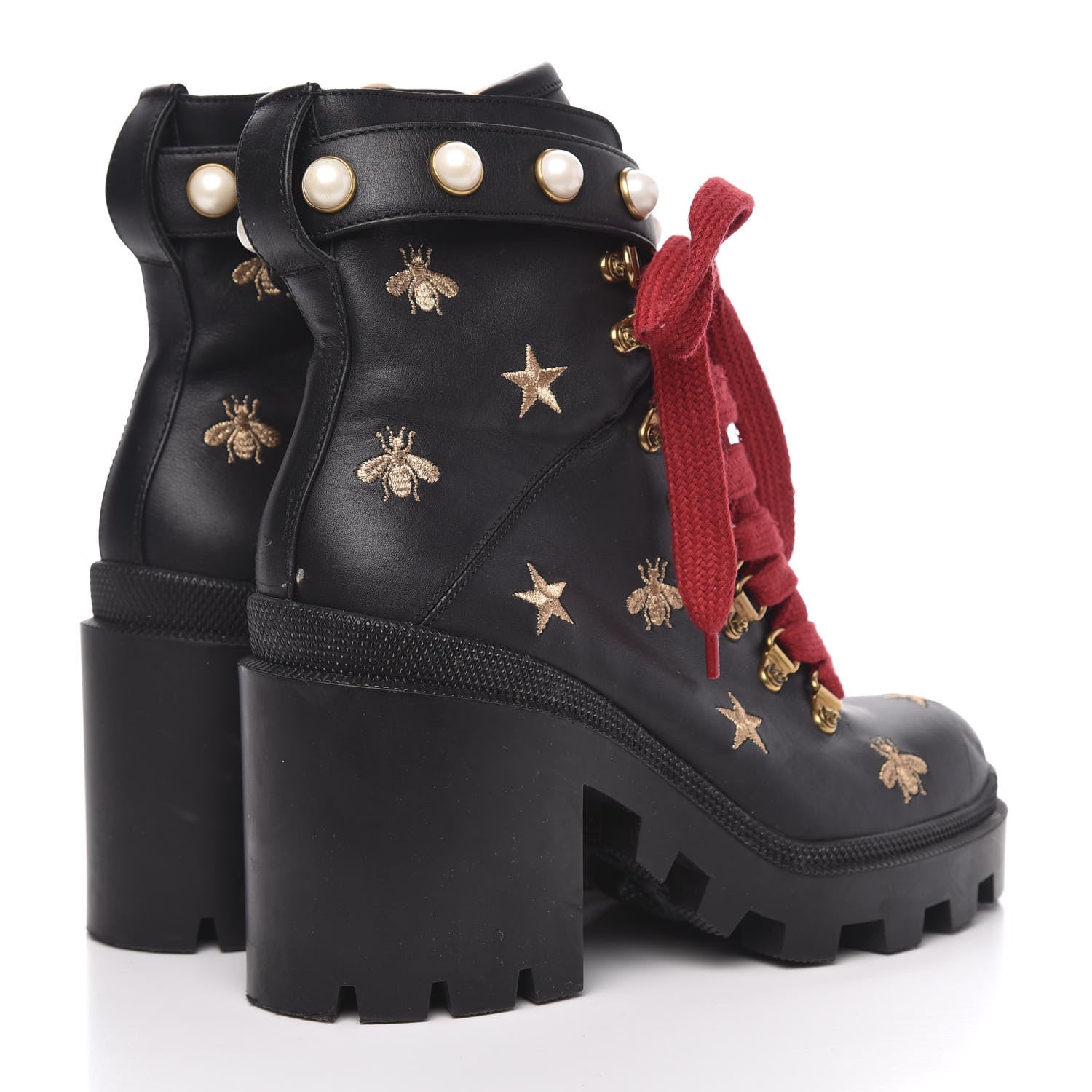 Gucci Calfskin Embroidered Lace Up Combat Ankle Boots 38 Black 4 of 9