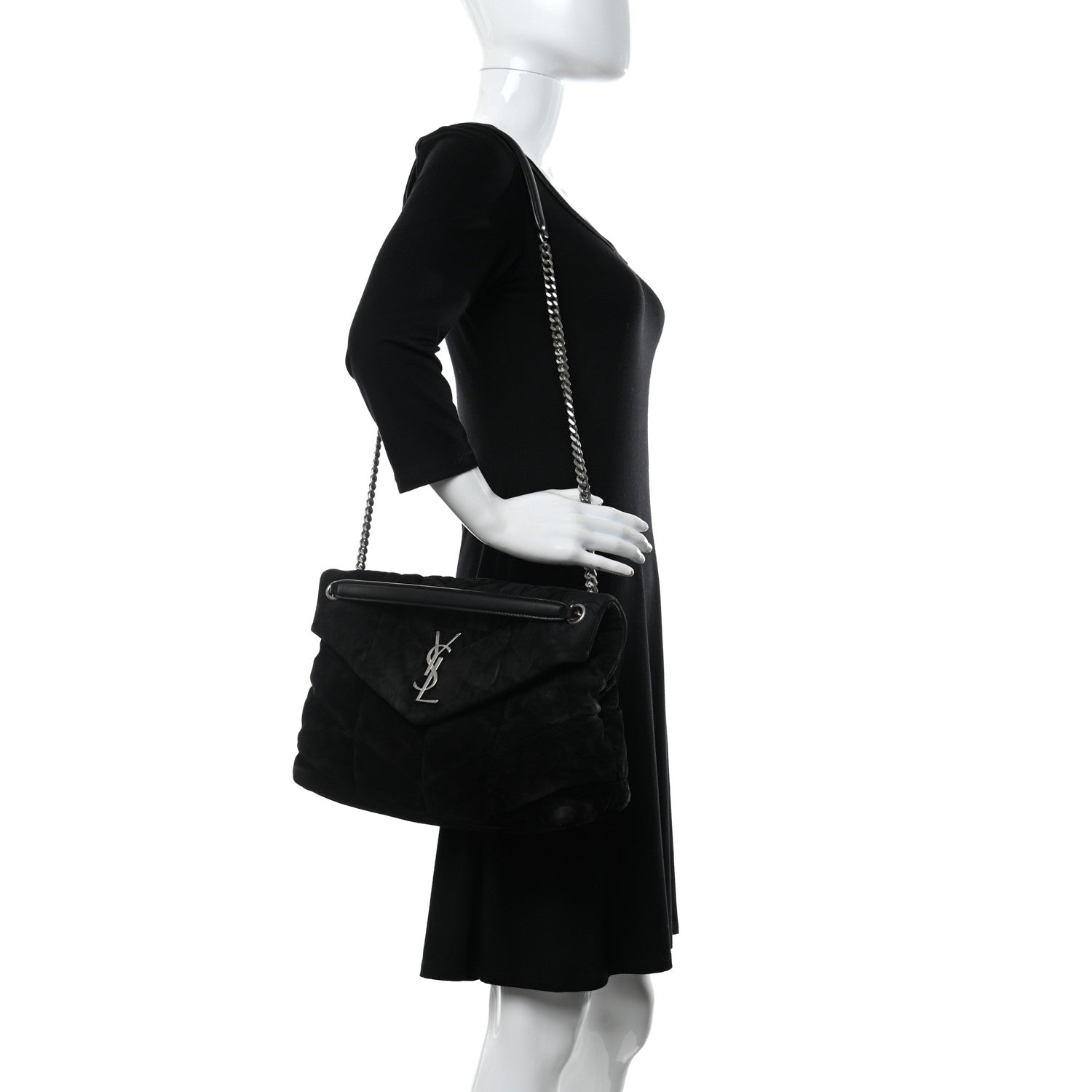 Saint Laurent Suede Quilted Medium Loulou Puffer Monogram Chain Satchel Black 2 of 12