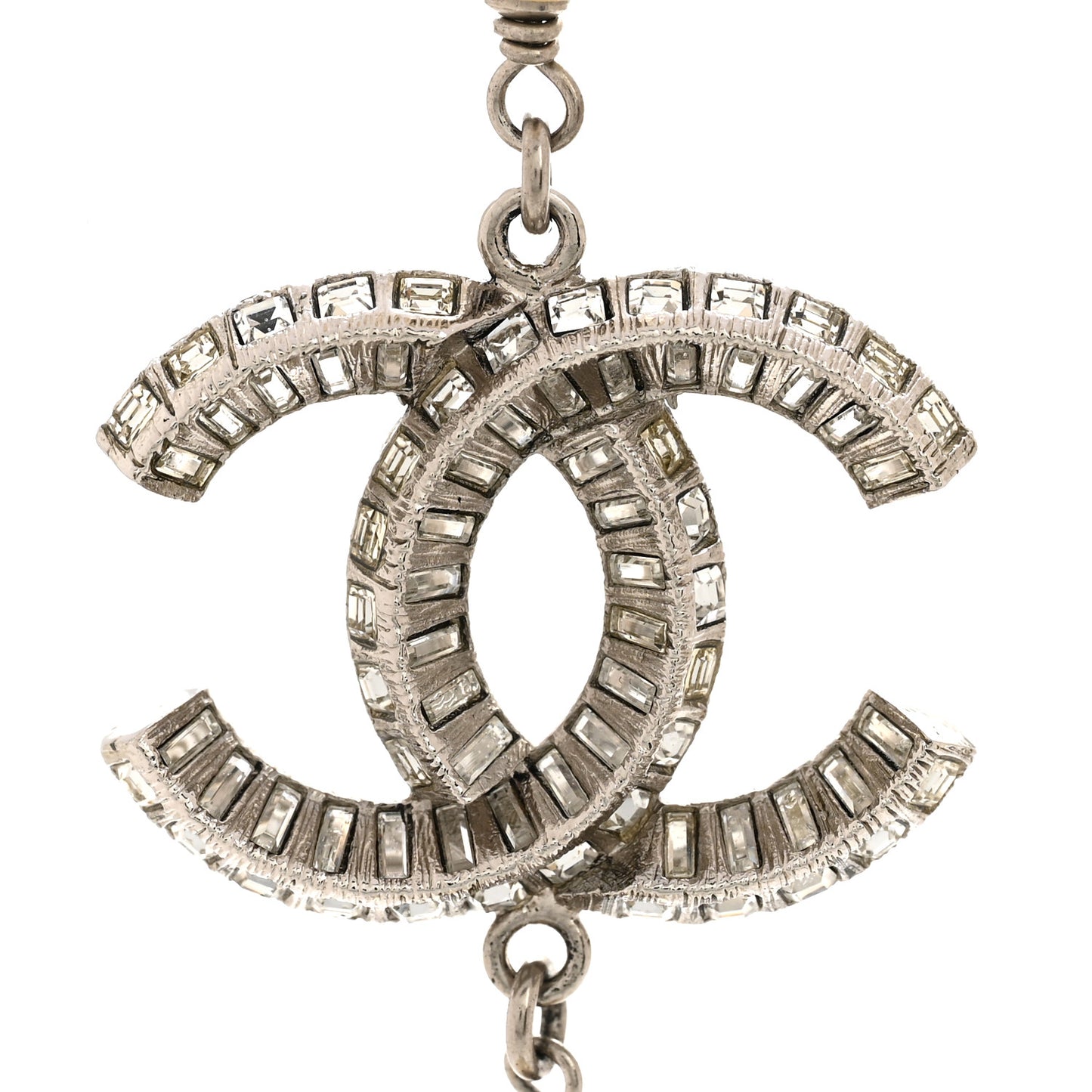 Pearl Baguette Crystal CC Long Necklace Silver