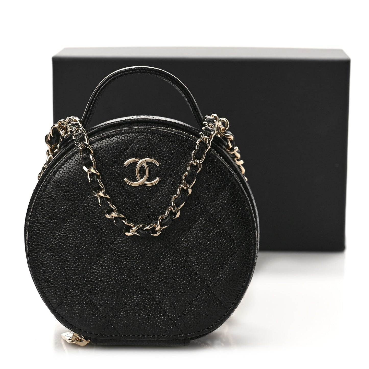 Caviar Quilted Round Handle With Care Vanity With Chain Black