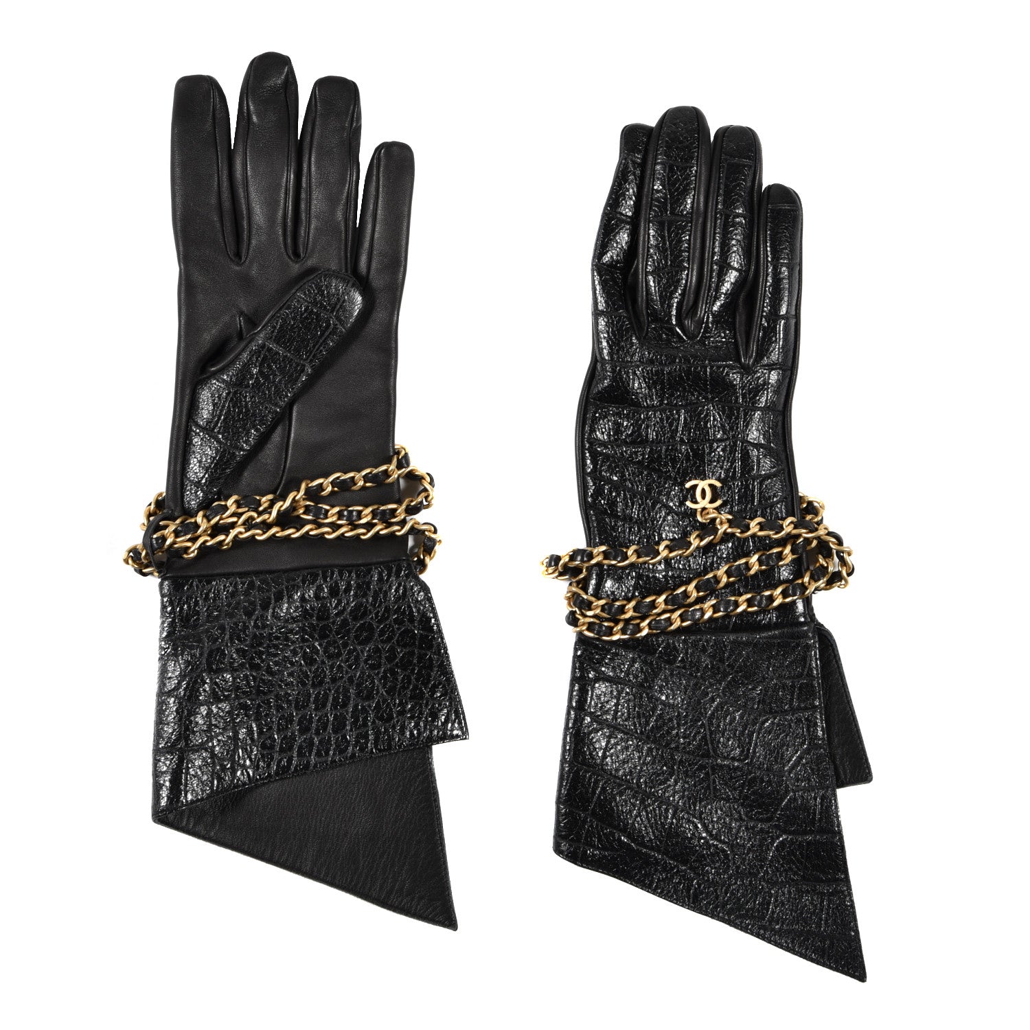 Chanel Lambskin Crocodile Embossed Chain Gloves 7.5 Black 2 of 4