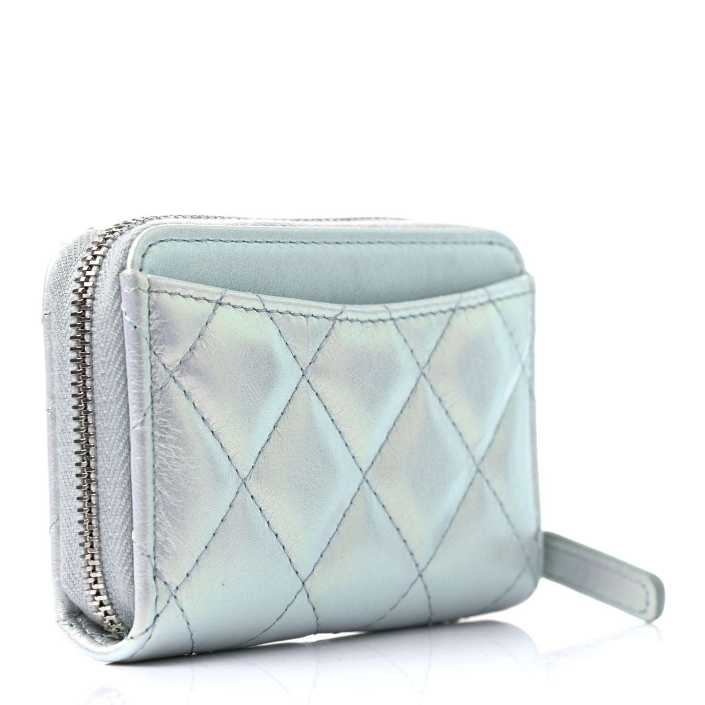 Iridescent Calfskin Quilted Zip Coin Purse Wallet Light Blue