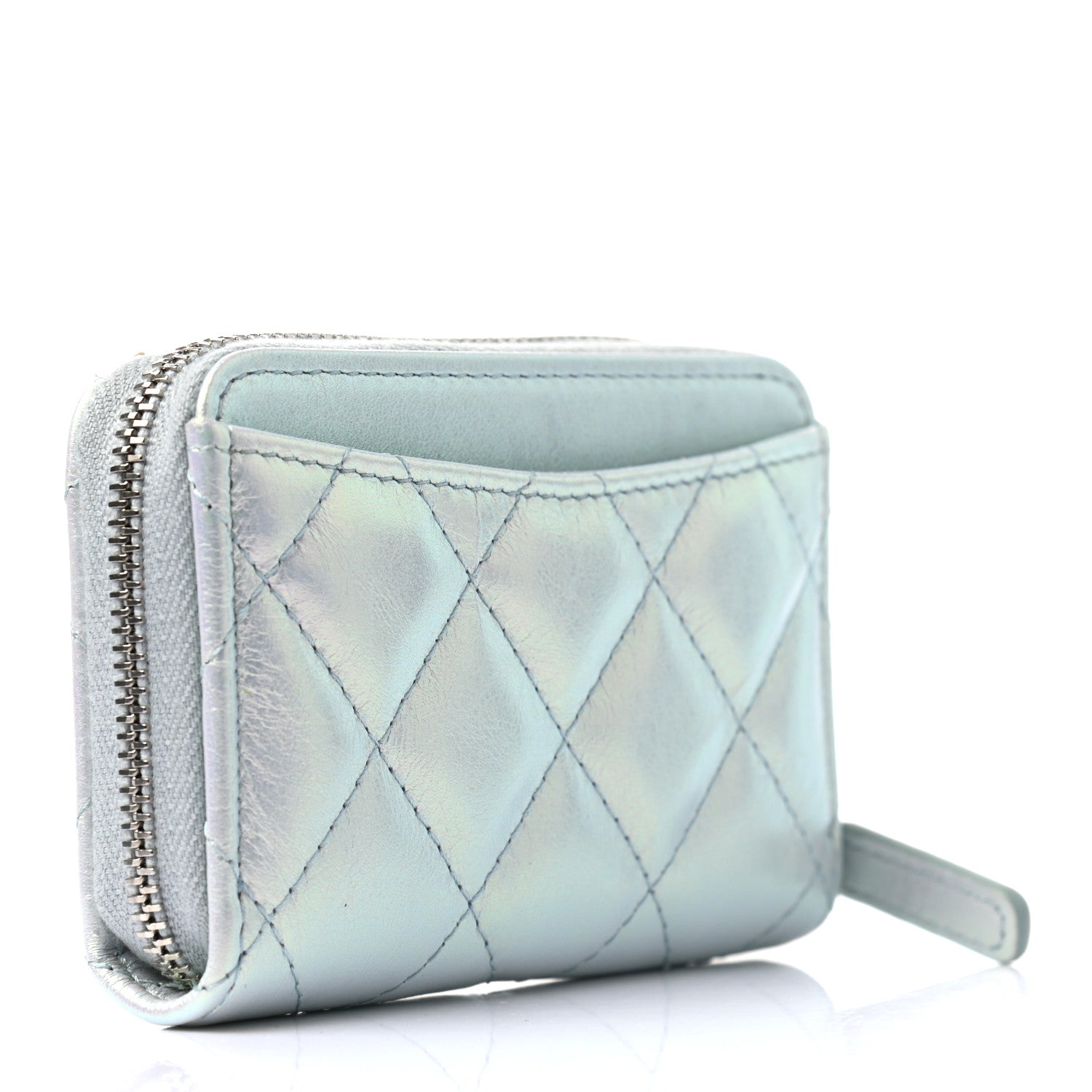 Chanel Iridescent Calfskin Quilted Zip Coin Purse Wallet Light Blue 3 of 7