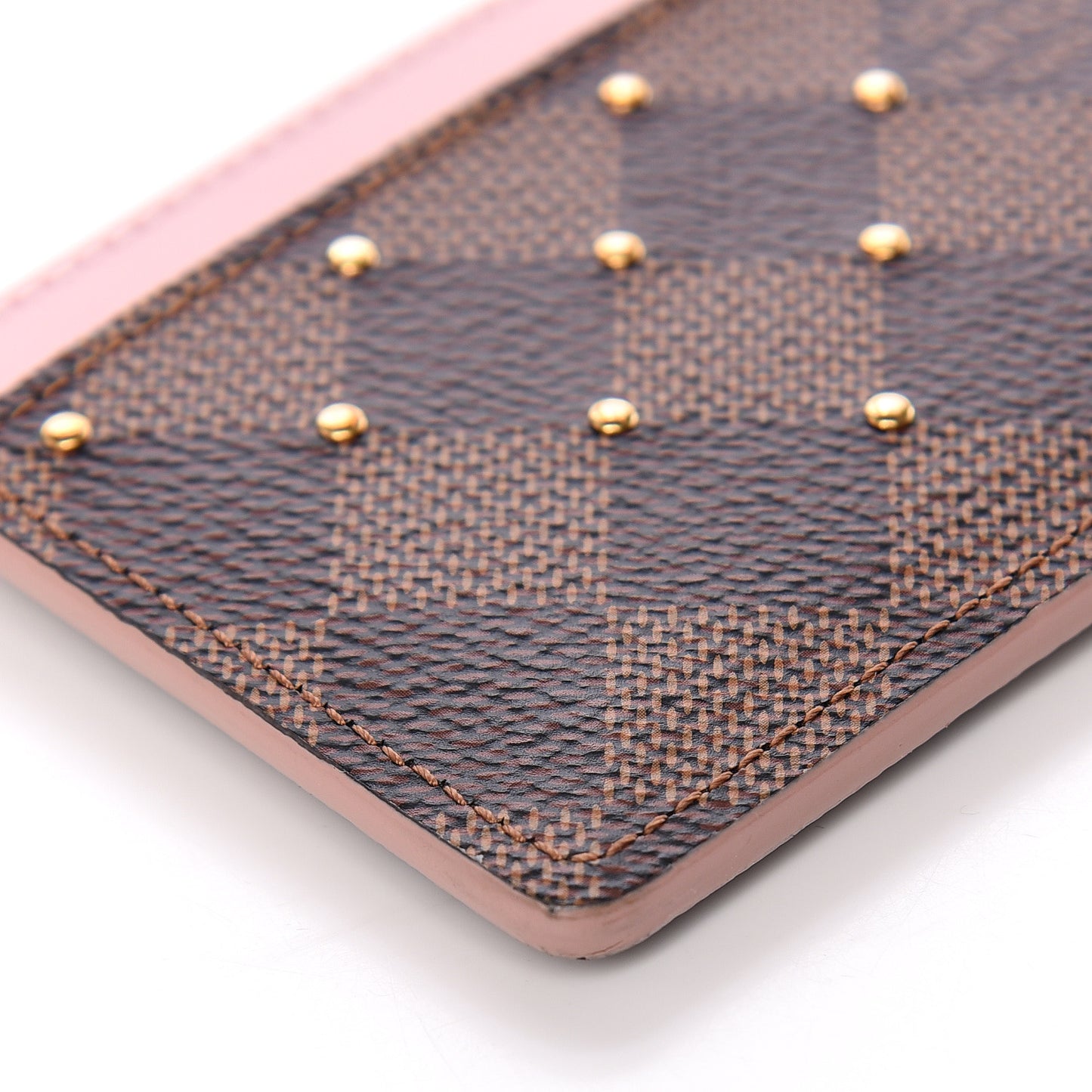 Damier Ebene Studded Card Holder Rose Ballerine