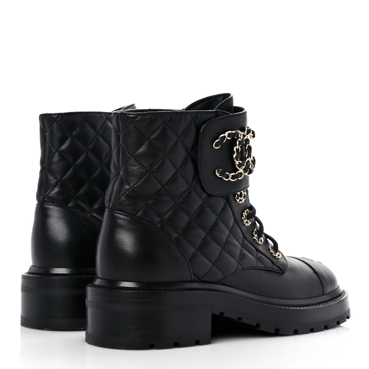 Chanel Shiny Calfskin Quilted Lace Up Combat Boots 36.5 Black 4 of 11