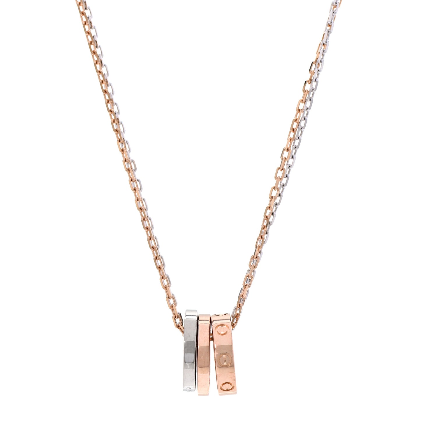 18K White Pink Gold Diamond Three Ring LOVE Pendant Necklace