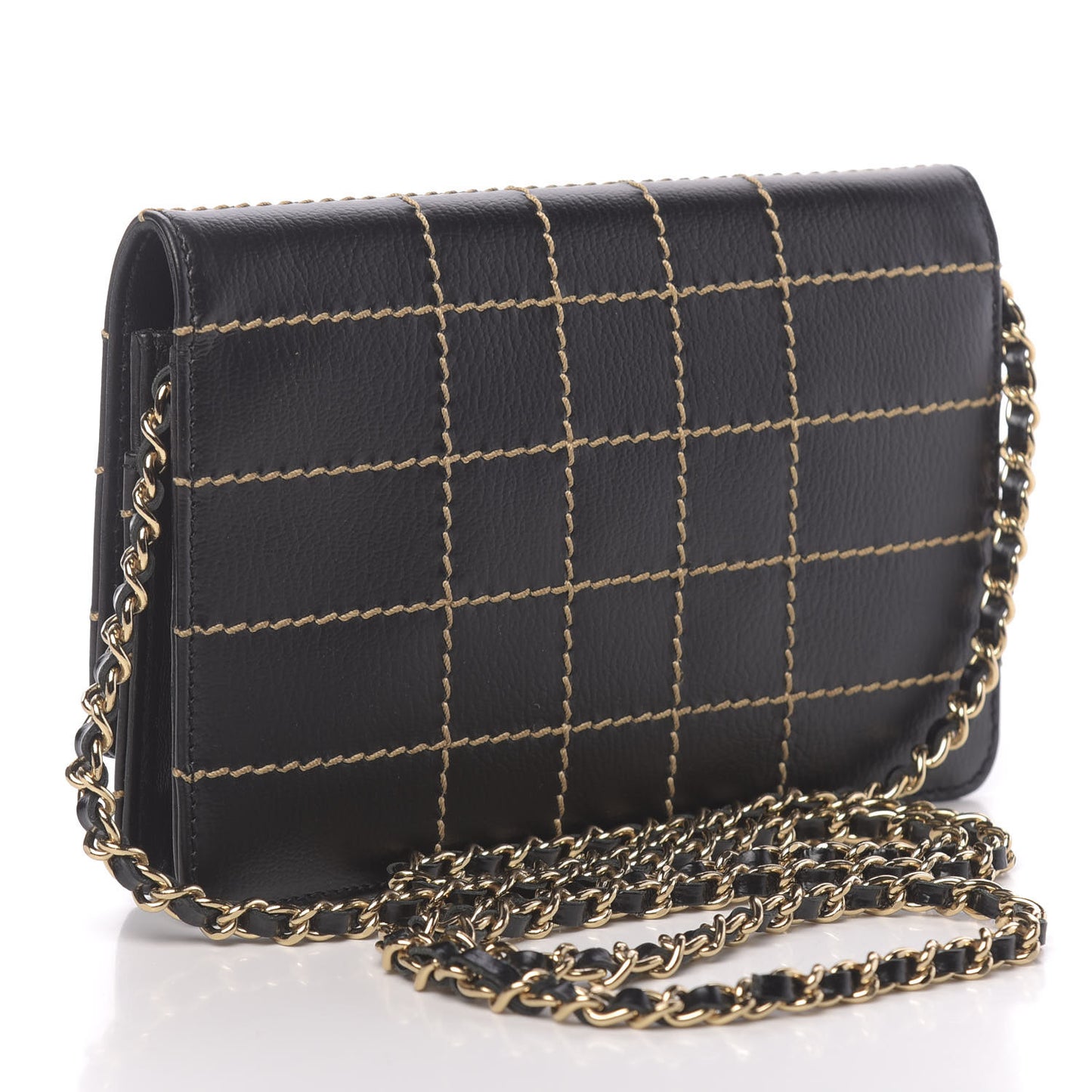 Calfskin Stitched Square Quilted Wallet On Chain WOC Black