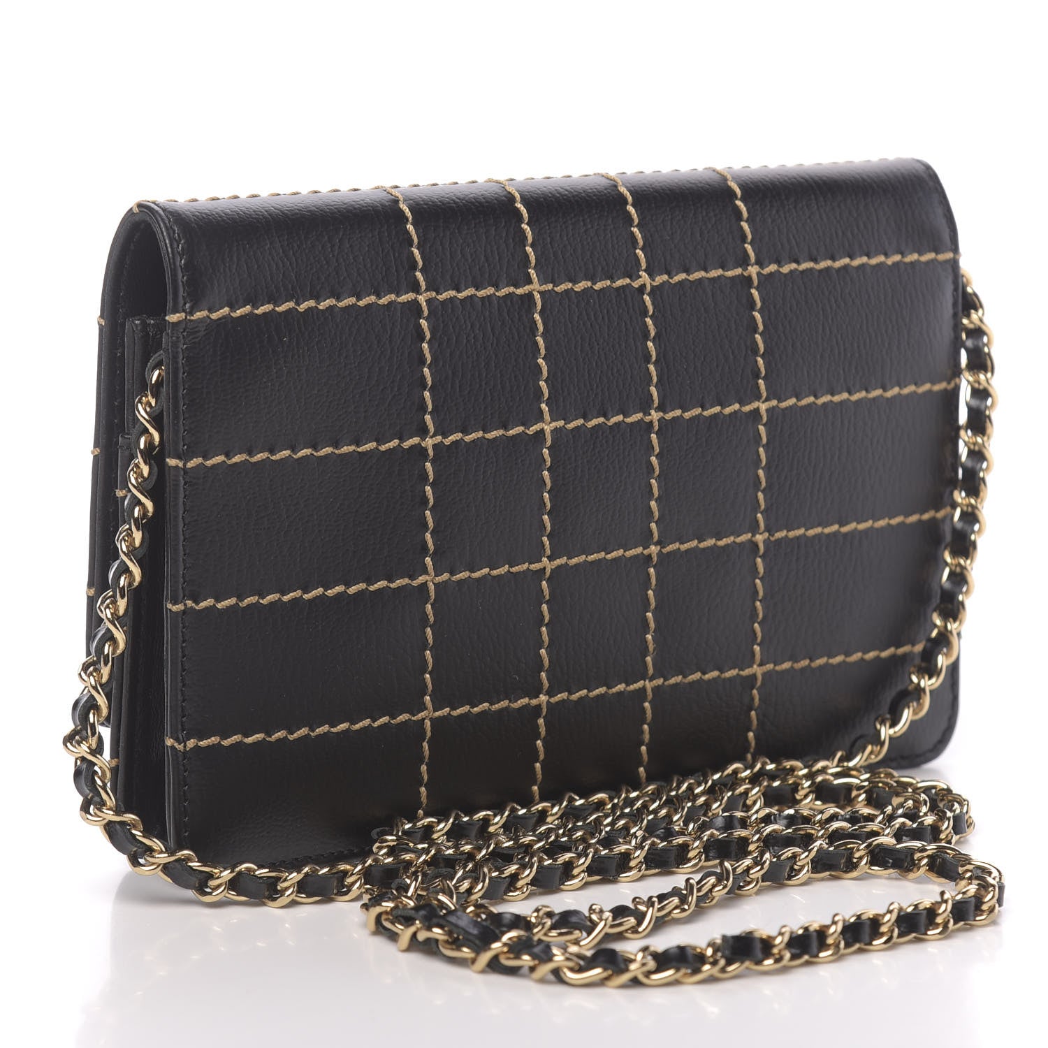 Chanel Calfskin Stitched Square Quilted Wallet On Chain WOC Black 3 of 15