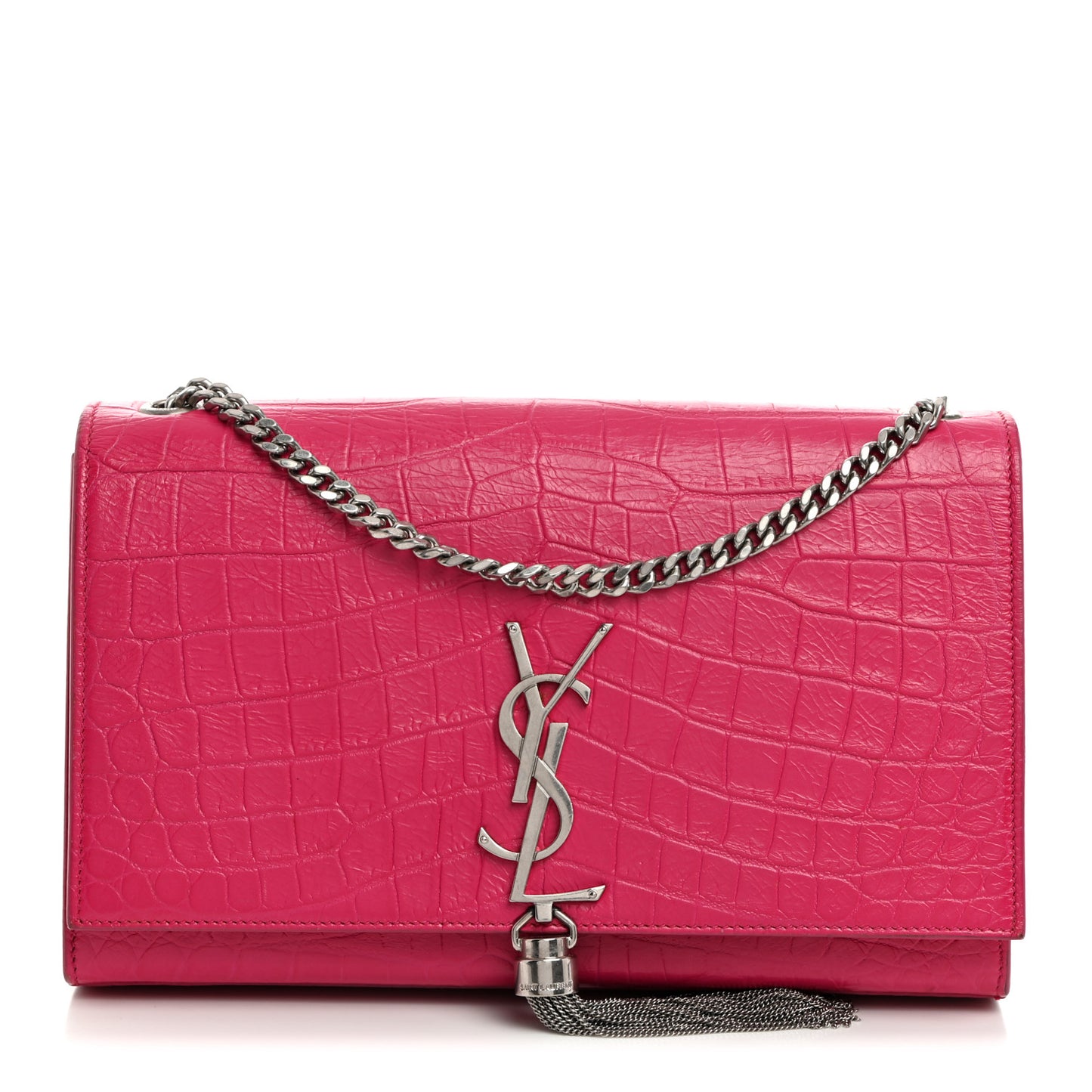 Calfskin Crocodile Embossed Medium Classic Monogram Kate Tassel Satchel Fuchsia