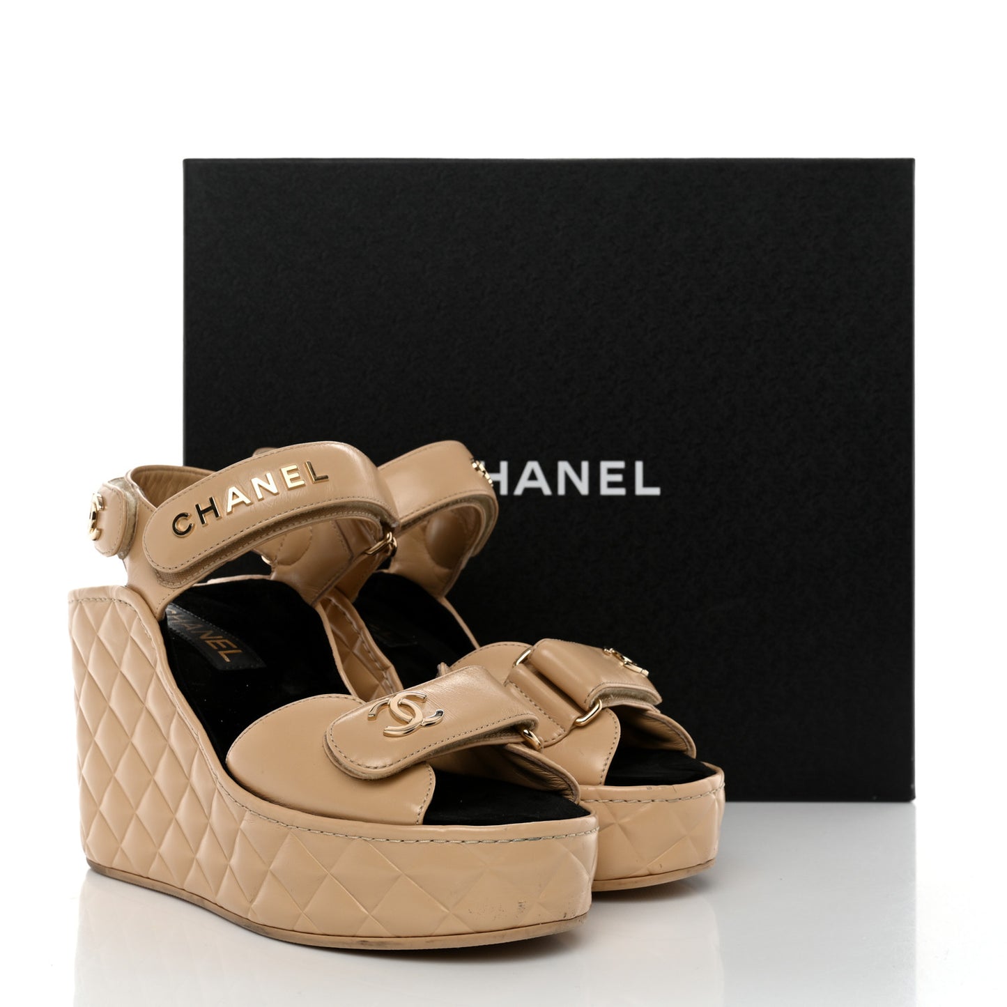 Shiny Calfskin Quilted Wedge Sandals 37 Beige