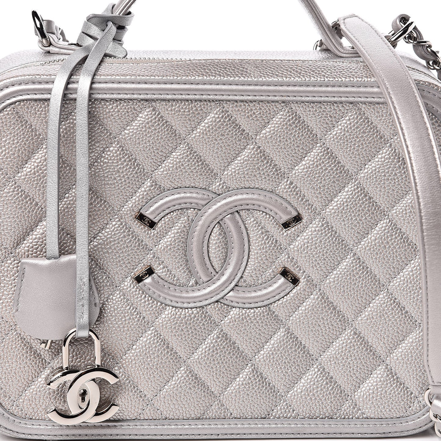 Metallic Caviar Quilted Large CC Filigree Vanity Case Silver