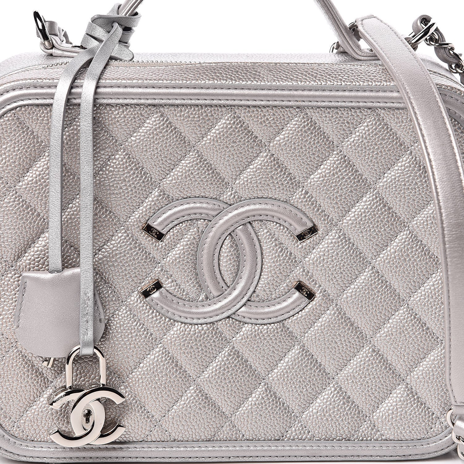 Chanel Metallic Caviar Quilted Large CC Filigree Vanity Case Silver 11 of 12