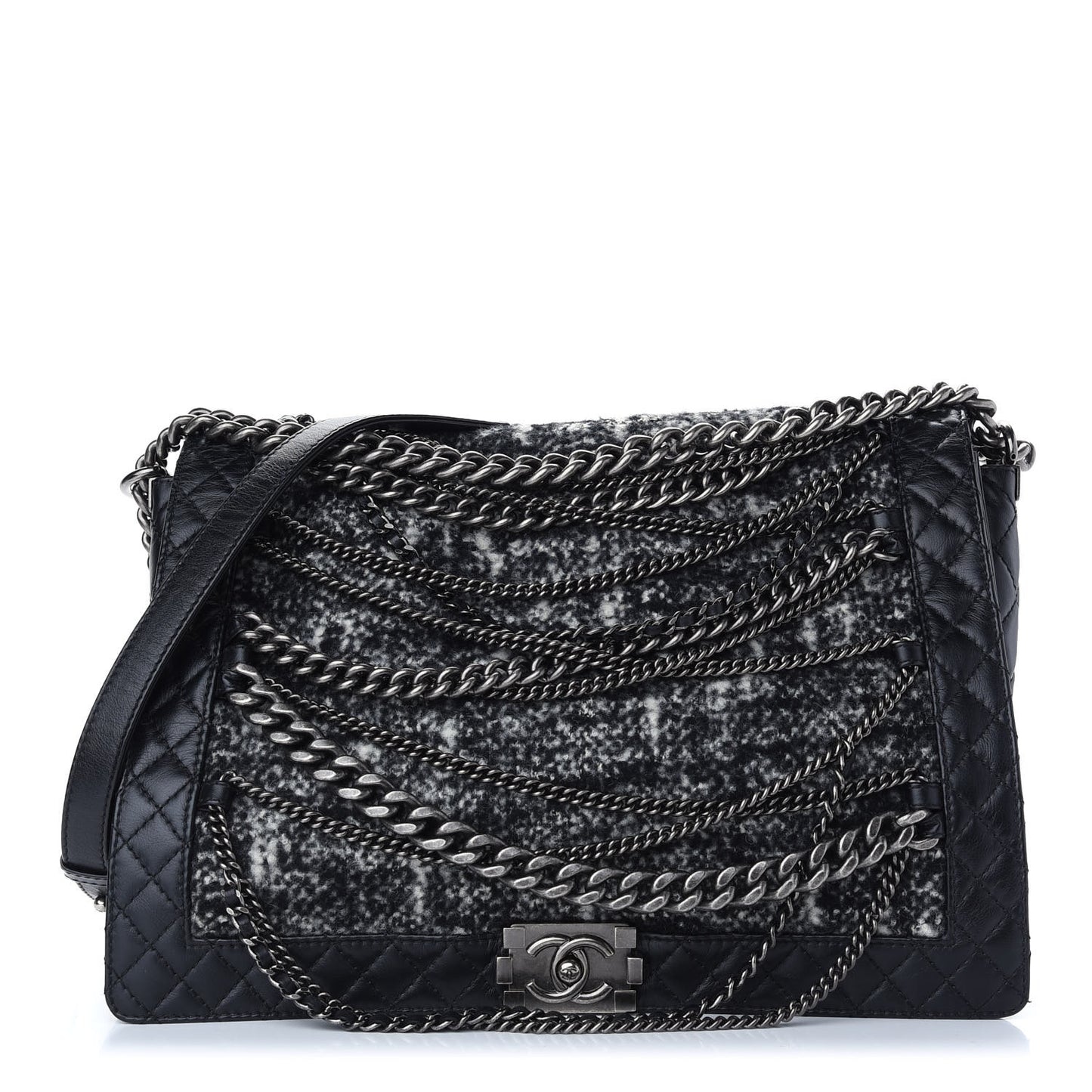 Calfskin Tweed Enchained XL Boy Flap Black